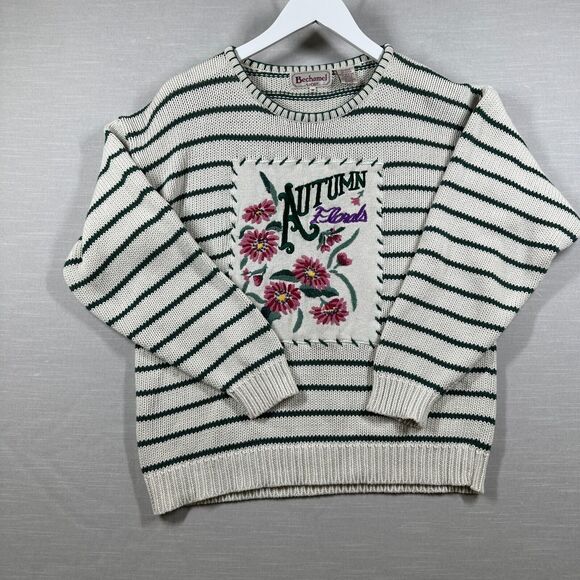 Vintage Bechamel Sweater Womans Medium White Striped Autumn Florals Cottage Core - Picture 1 of 10